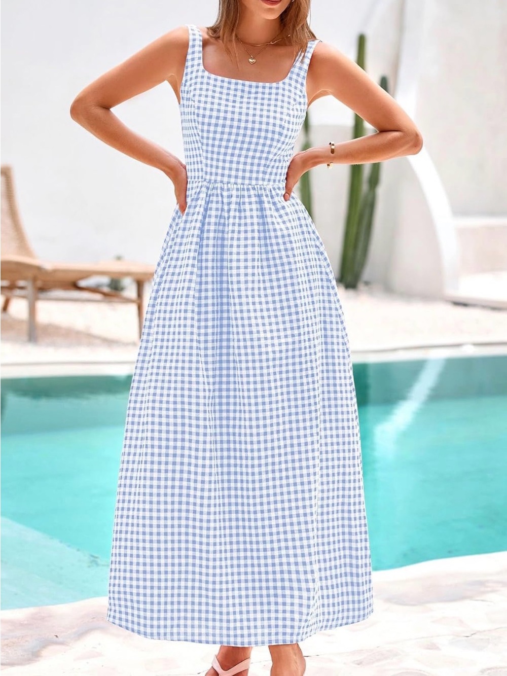 PrettyGarden Gingham Light Blue Dress size Medium pockets womens size 8/10